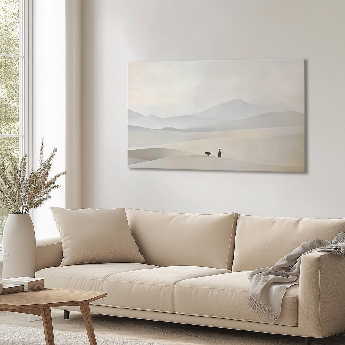 Shepherd Silhouette With Sheep On Neutral Desert Hills Poster - Image 3