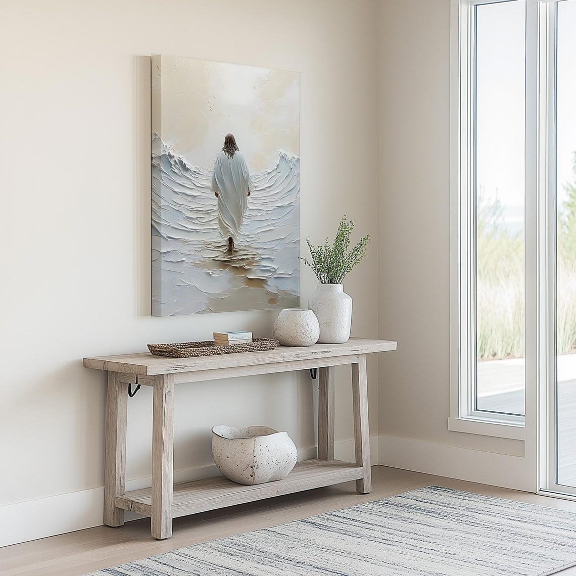 Jesus Walking Away On Water White Impasto Texture Painting Poster - Image 4