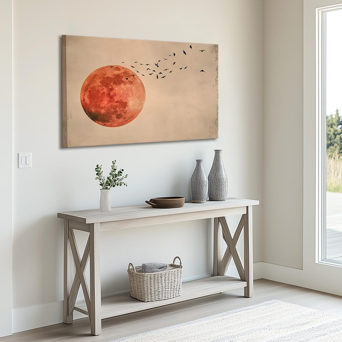 Blood Red Moon With Flock Of Birds Minimalist Canvas Wall Art - Image 4