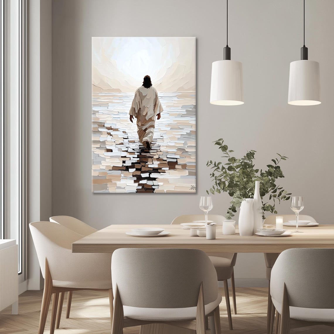 Jesus Walking Away On Water Textured Earth Tone Mosaic Poster - Image 3