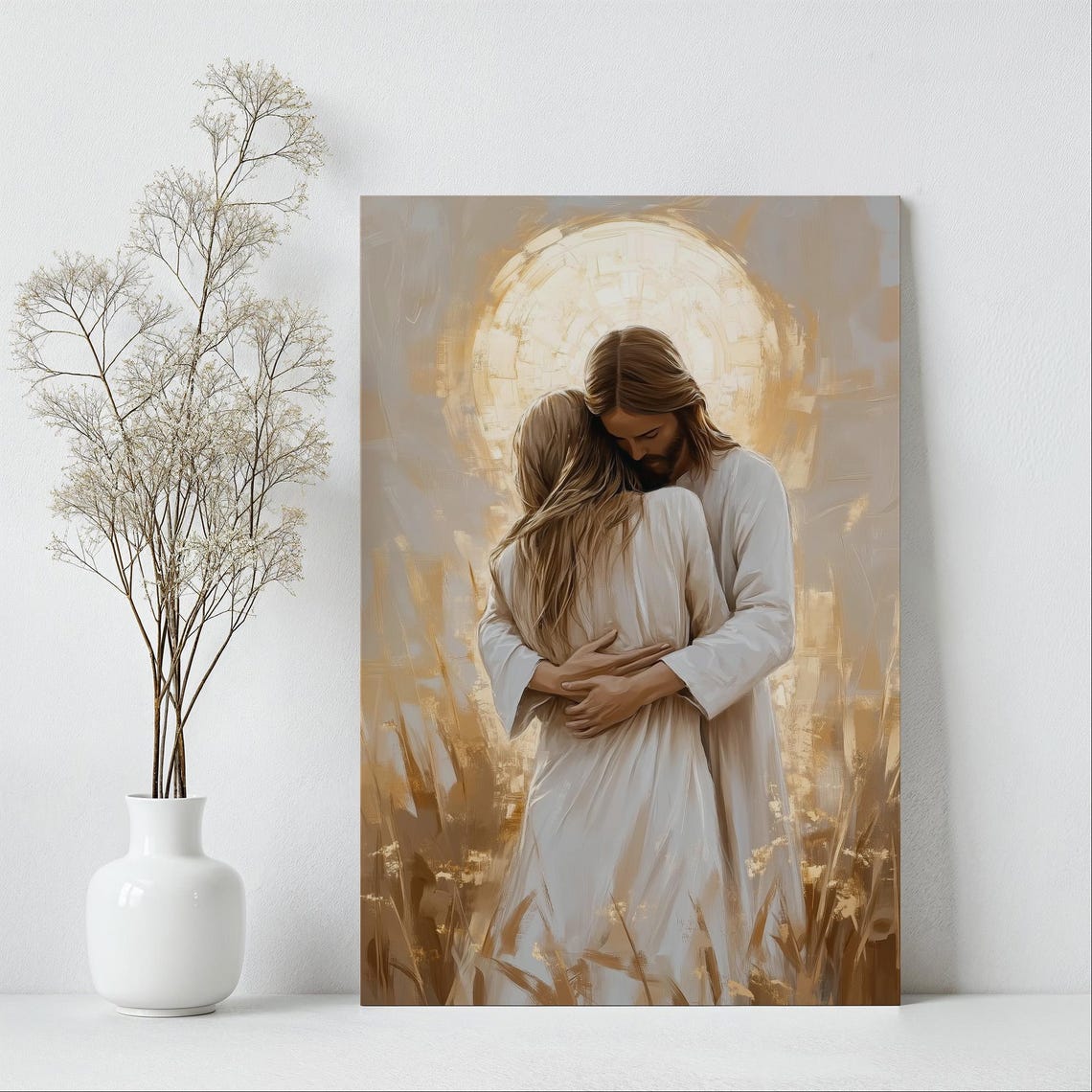 Jesus Embracing Woman Before Golden Halo Over Wheat Field Poster - Image 6