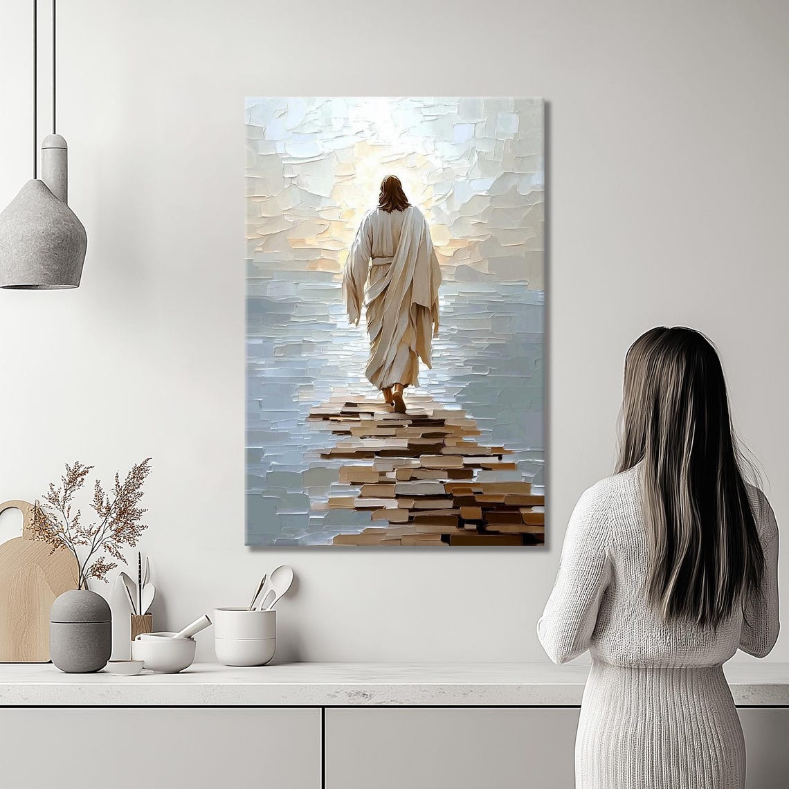 Jesus Walking On Water Into Light Painterly Stone Trail Poster - Image 2