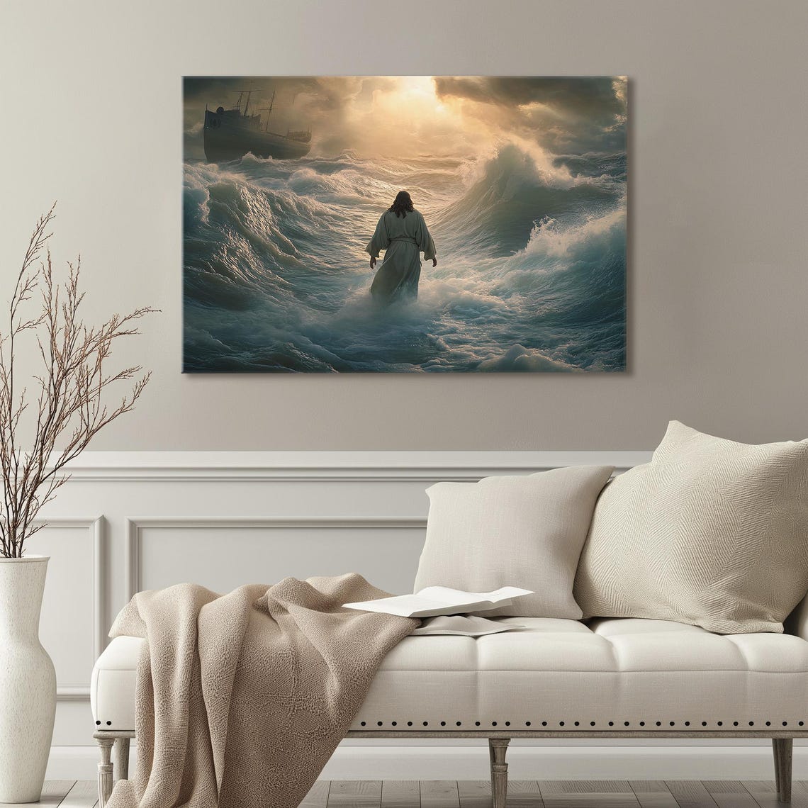Jesus Parting The Red Sea Waves With Ship Golden Light Poster - Image 3