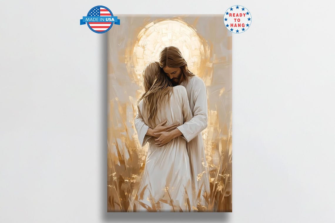 Jesus Embracing Woman Before Golden Halo Over Wheat Field Poster