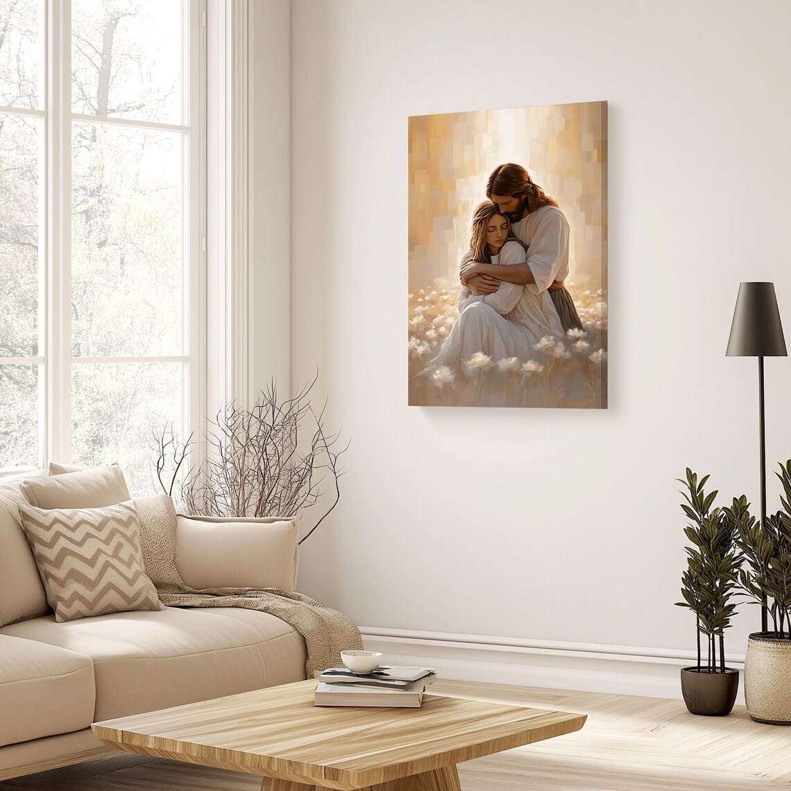 Jesus Embracing Seated Woman In Sunlit Wheat Flower Field Poster - Image 3