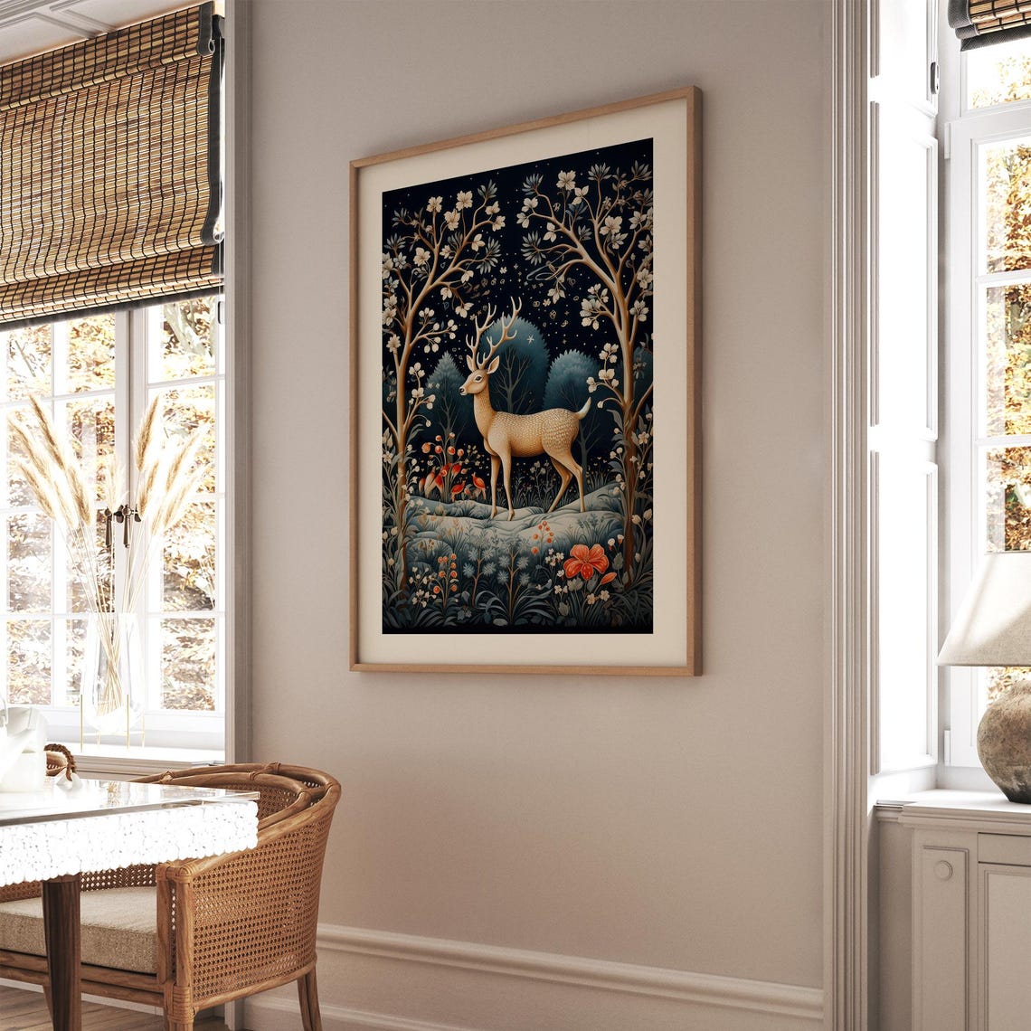 Golden Deer In A Winter Forest William Morris Style Christmas Poster