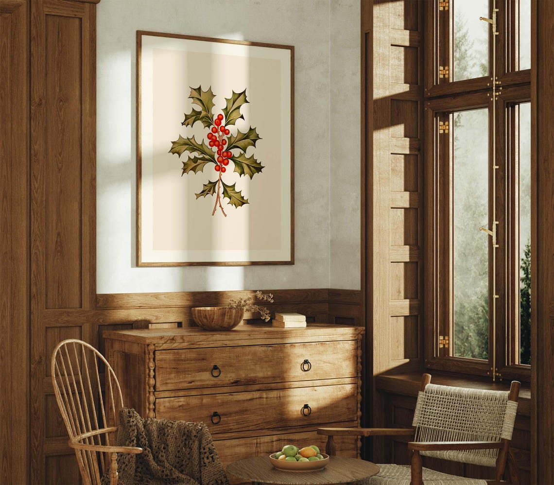 Holly Sprig With Red Berries Vintage Botanical Christmas Poster - Image 3