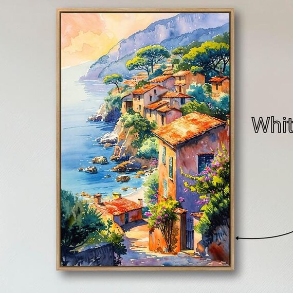 Mediterranean Coastal Village Cliffside Sunset Watercolor Travel Poster