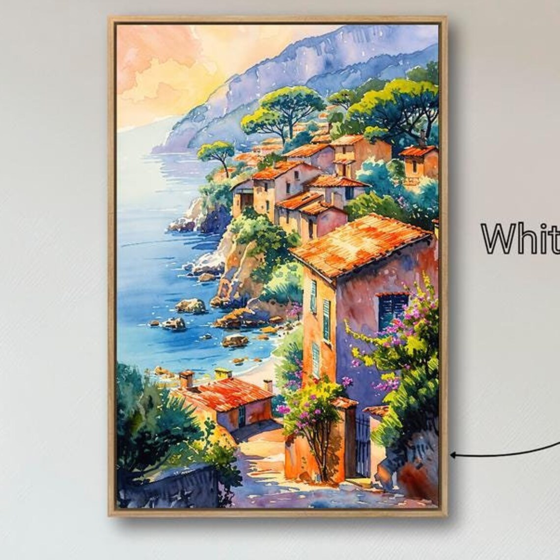 Mediterranean Coastal Village Cliffside Sunset Watercolor Travel Poster