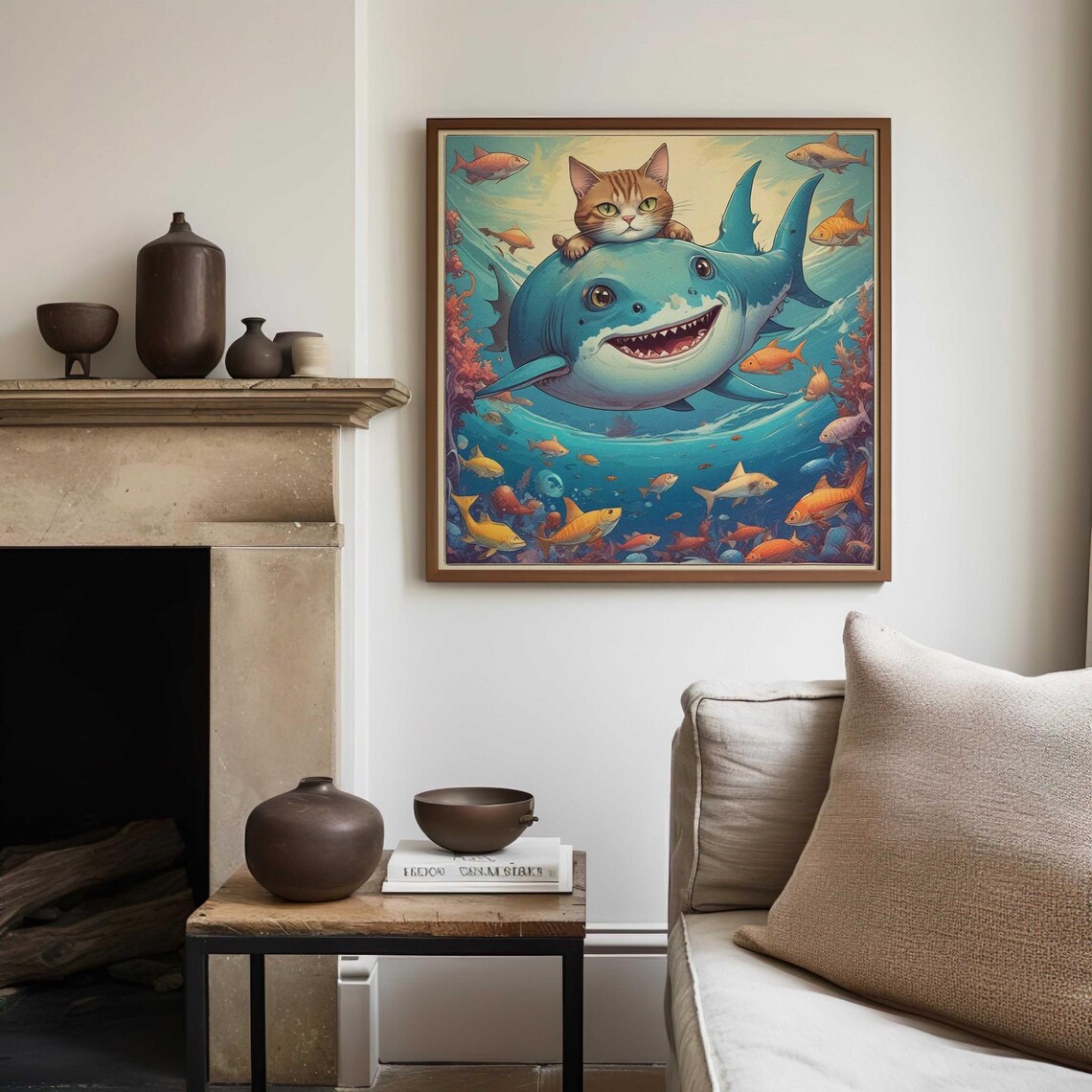 Cat Vs Shark, Vintage Painting Style Art Print - Image 3