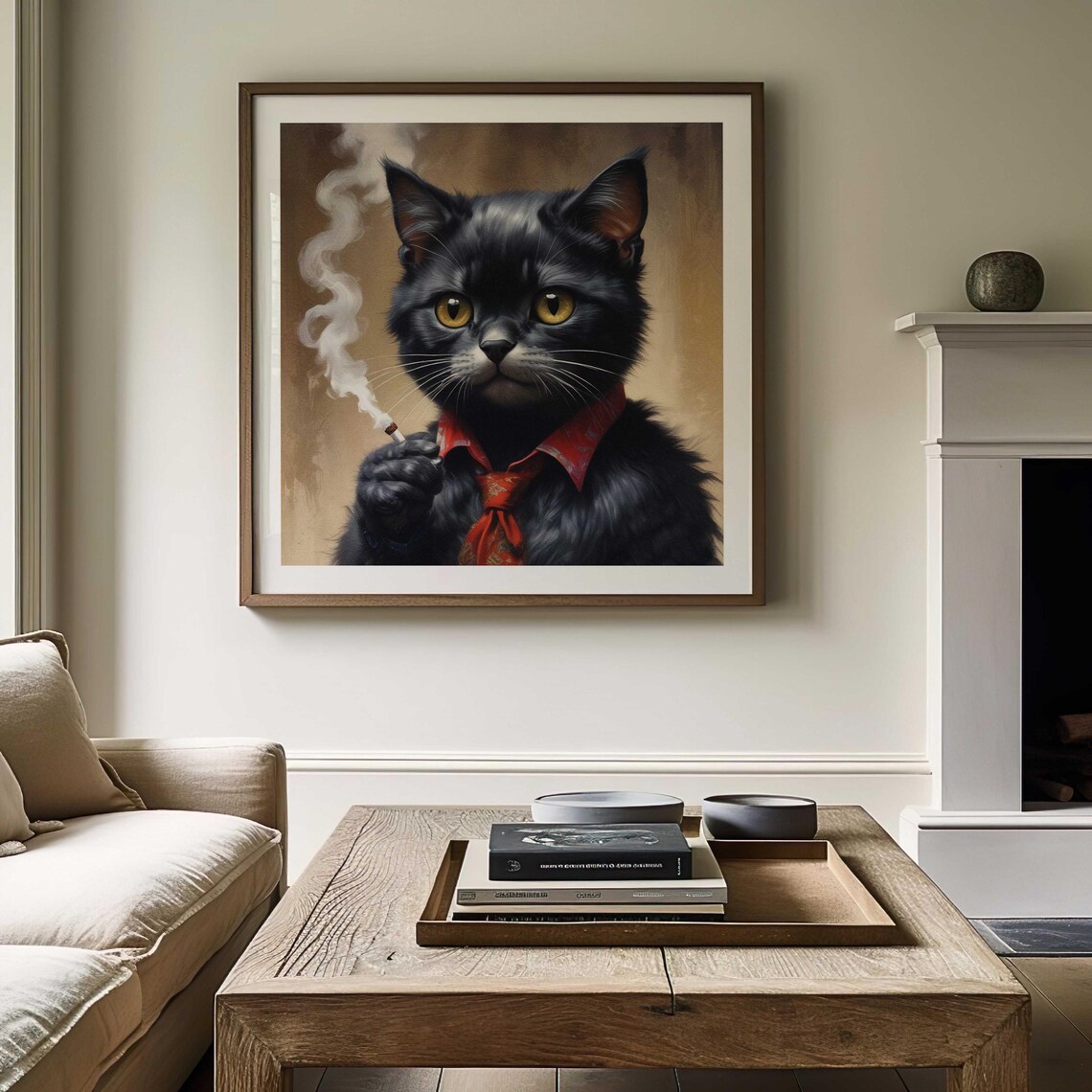 Retro Smoking Black Cat Vintage Whimsical Art Print - Image 2