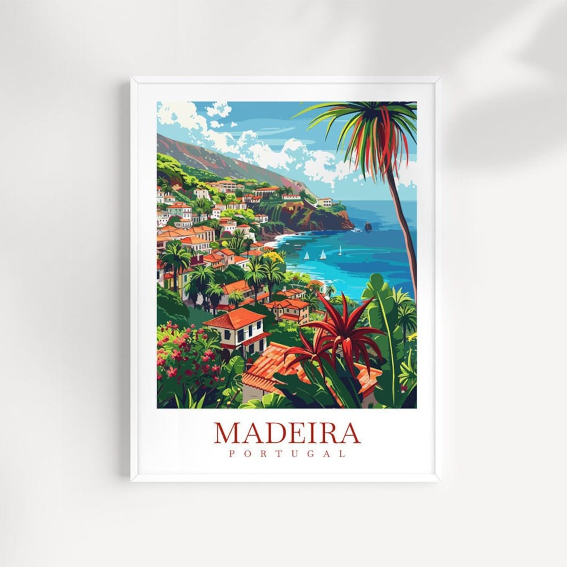 Madeira Portugal Hillside Village Coast Palms Vintage Travel Poster