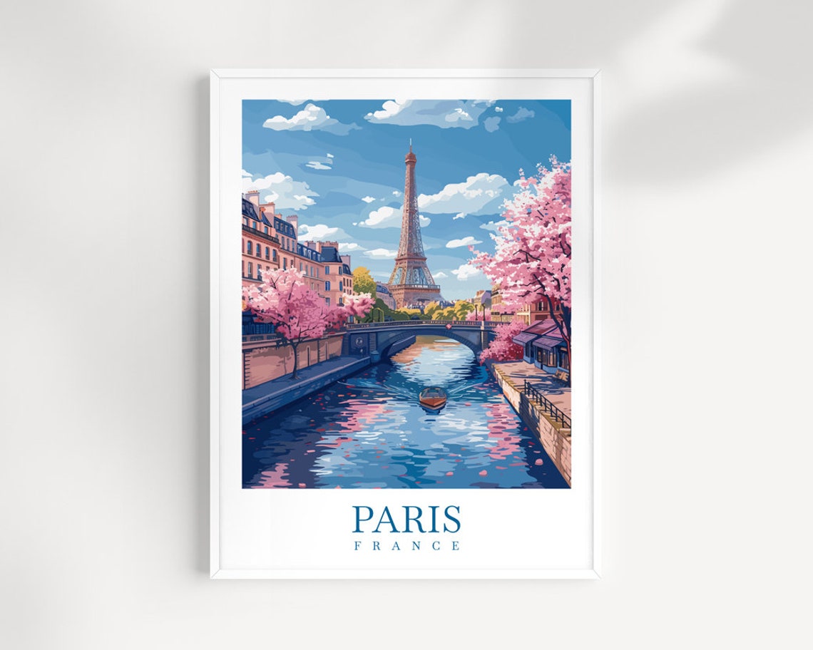 Paris Eiffel Tower Cherry Blossoms Seine Spring Travel Print