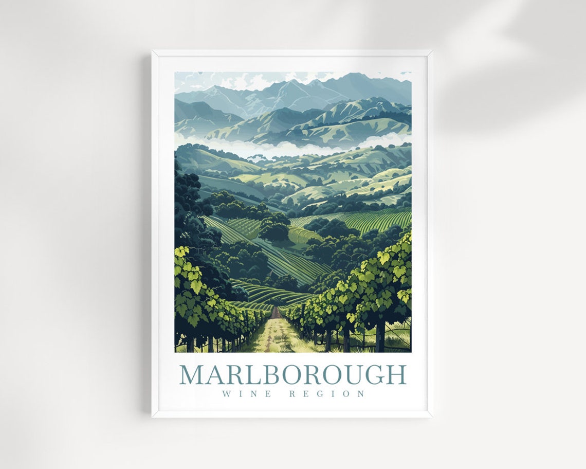 Marlborough Wine Region Vineyard Hills Misty Travel Poster Art