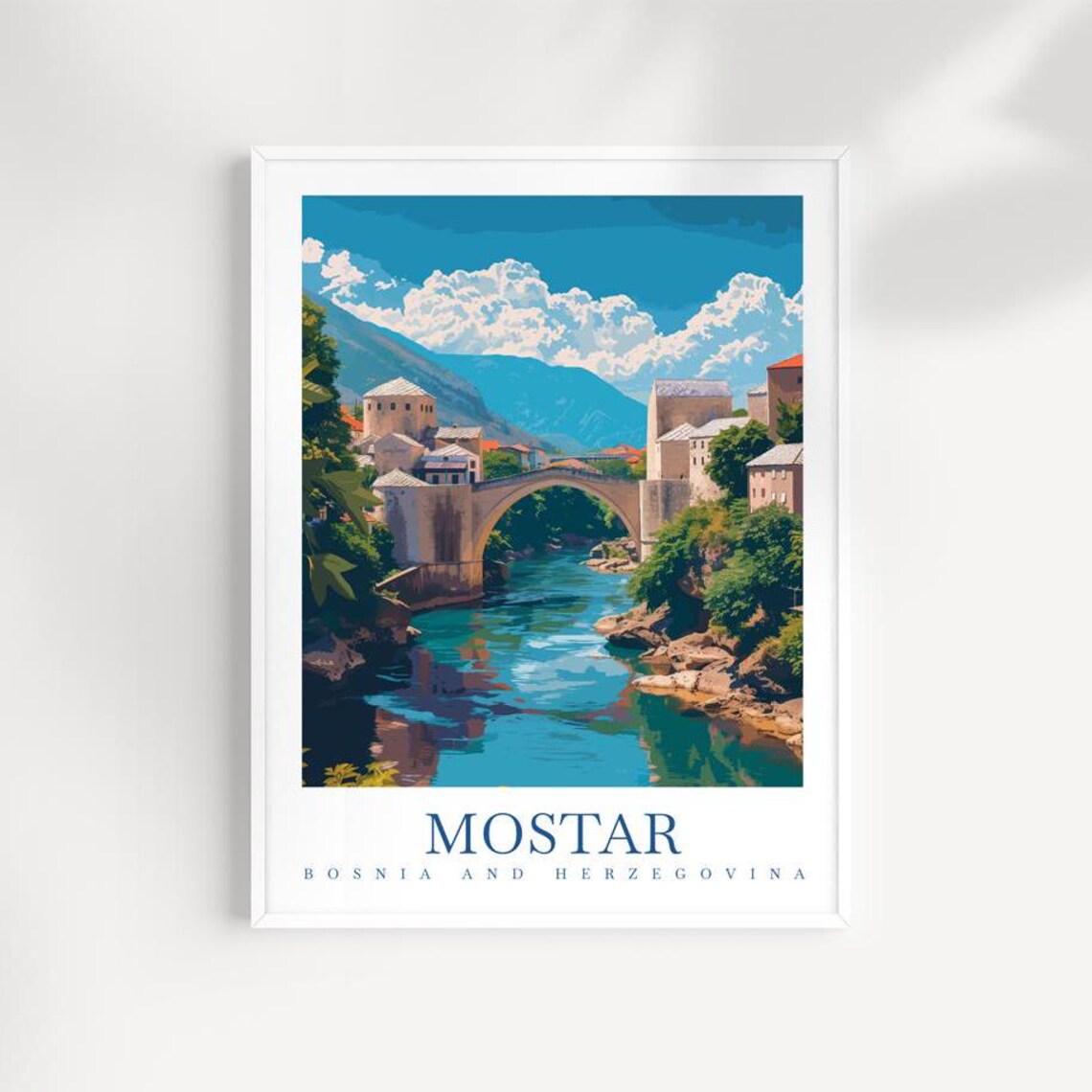 Mostar Bosnia and Herzegovina Travel Poster Old Bridge River Town Art
