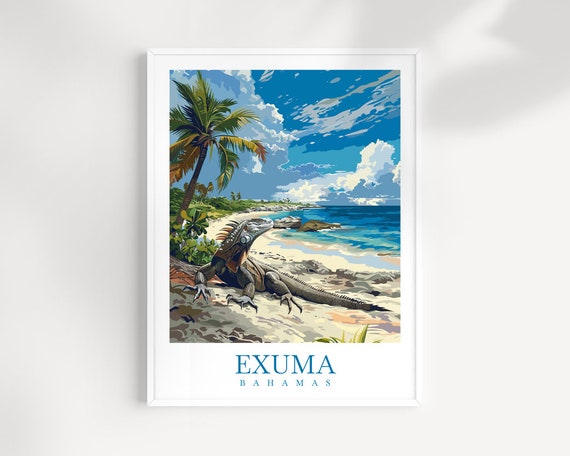Exuma Bahamas Iguana Beach Palm Tree Turquoise Sea Art Poster