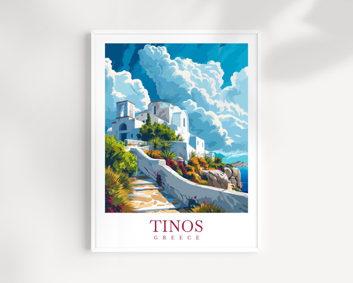 Tinos Greece Travel Poster - Whitewashed Church on Cliff Above the Sea