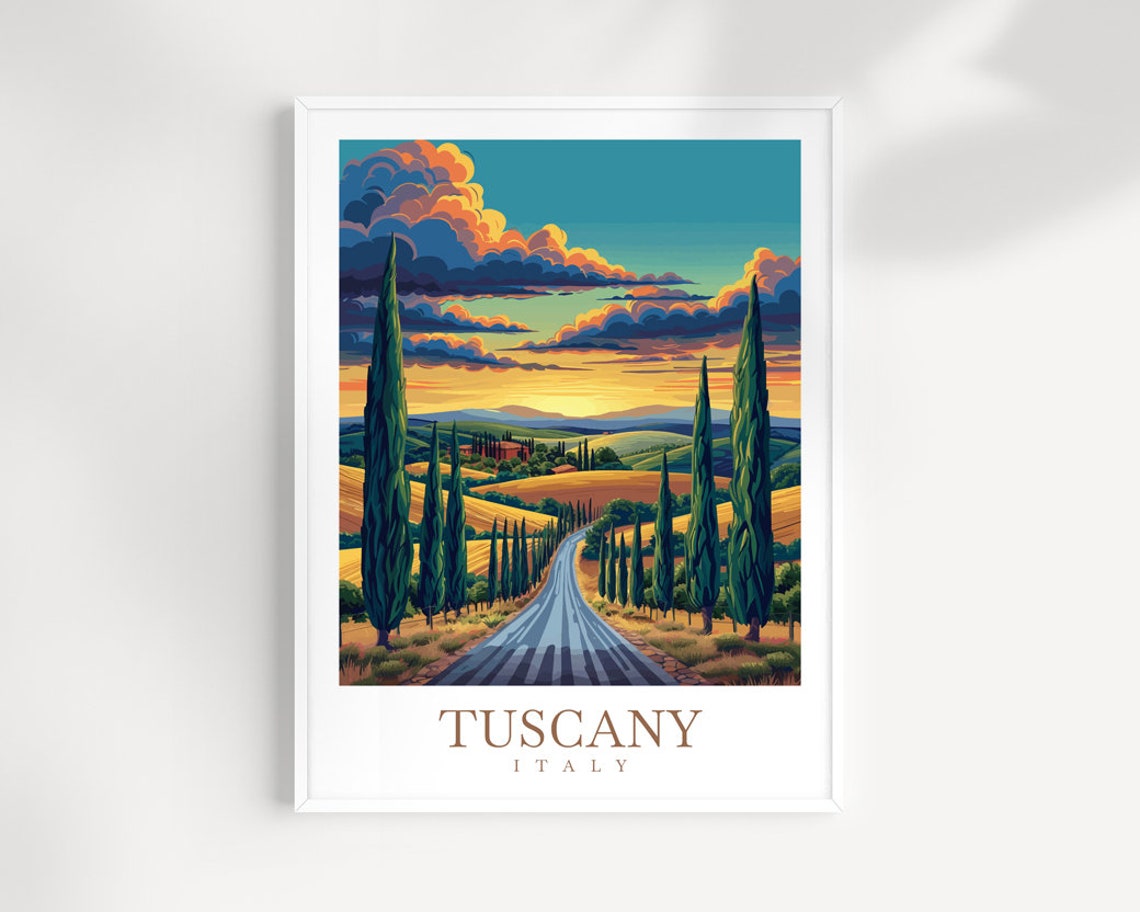 Tuscany Italy Cypress Lined Road Sunset Countryside Travel Poster