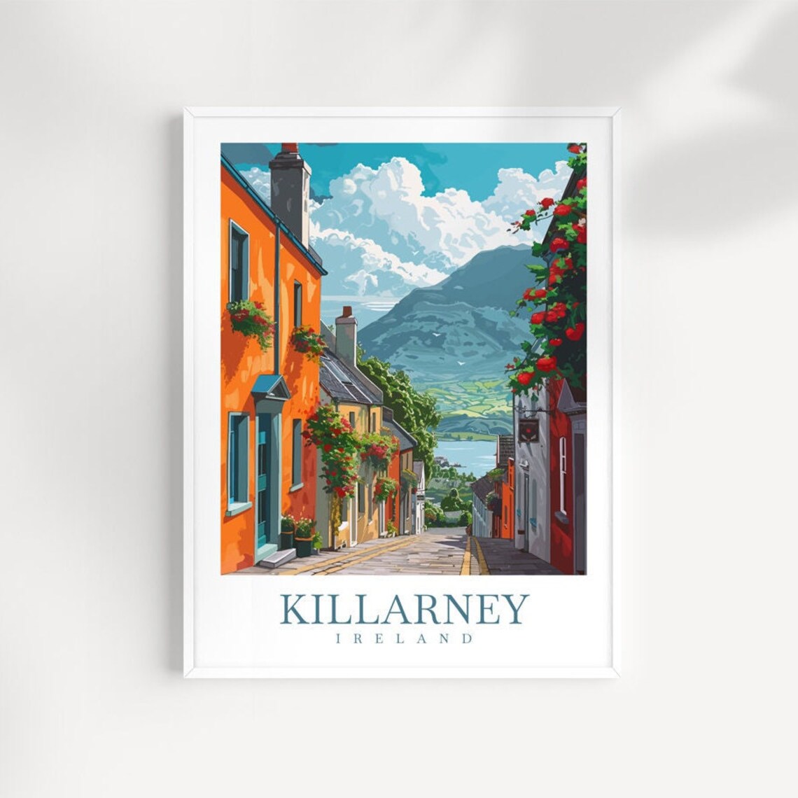 Killarney Ireland Colorful Street Flowers Mountain View Travel Poster