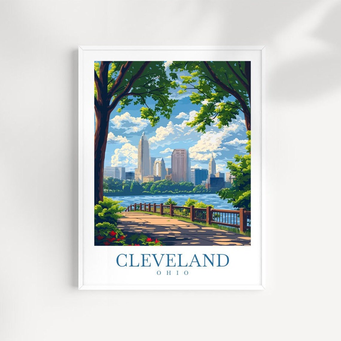 Cleveland Ohio Skyline From Shady Park Path Vintage Travel Poster