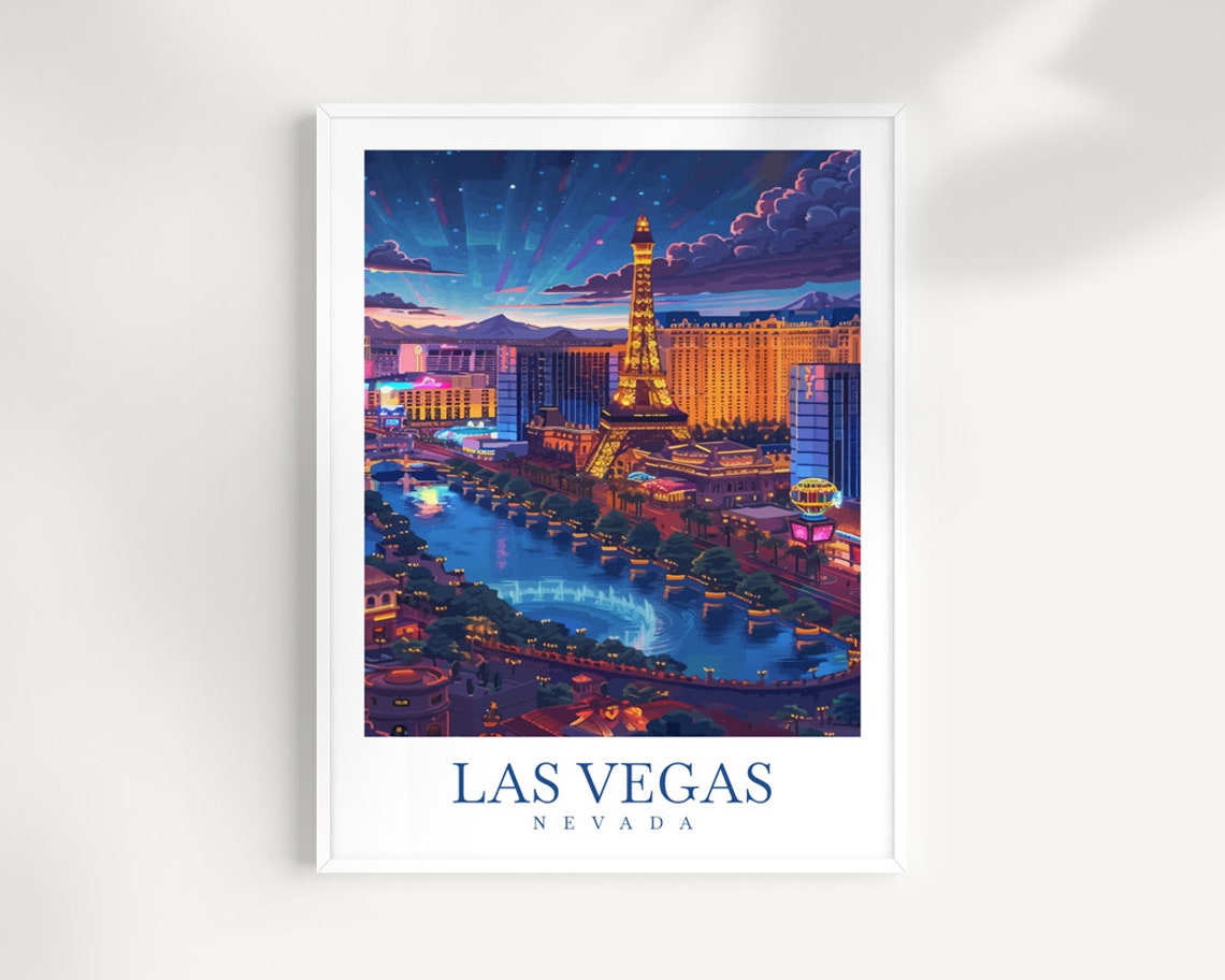 Las Vegas Nevada Strip Night Lights Eiffel Tower Travel Poster