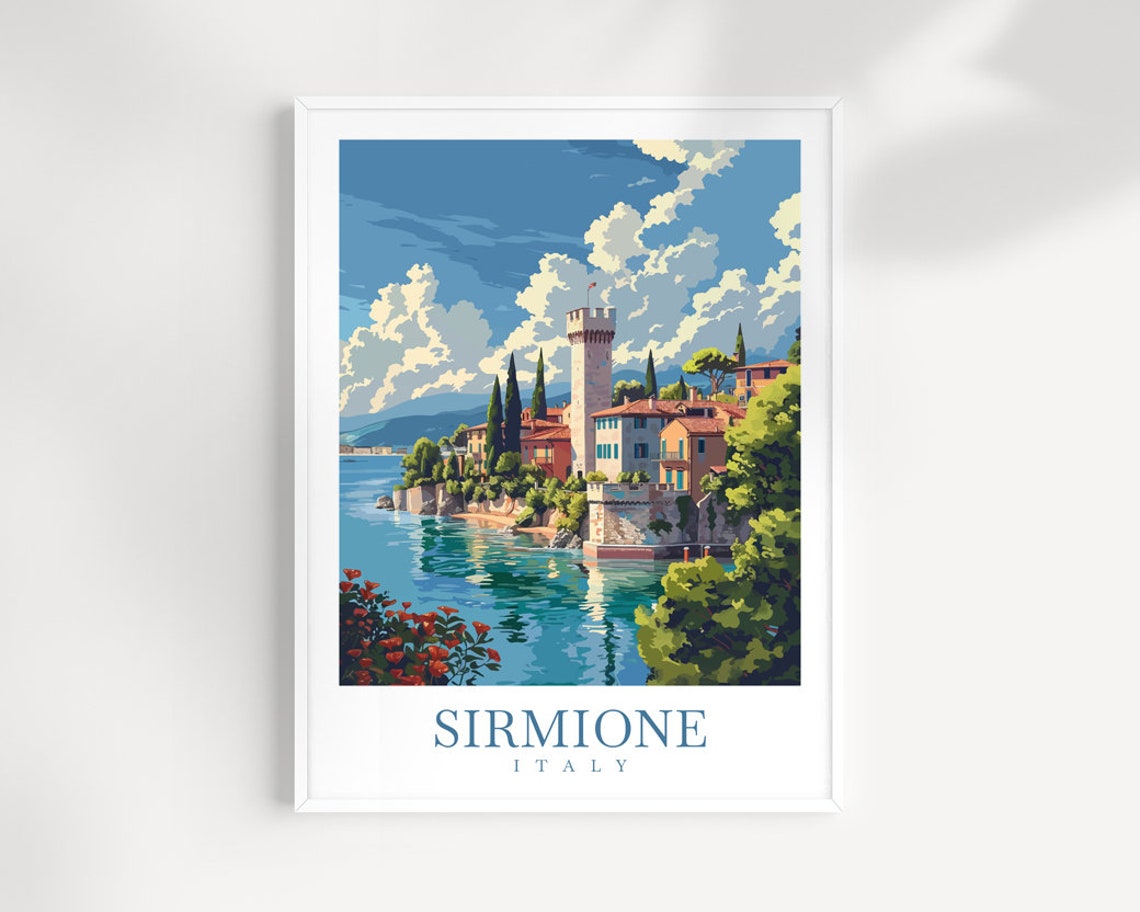 Sirmione Italy Castle Tower Lakeside View Red Flowers Travel Poster