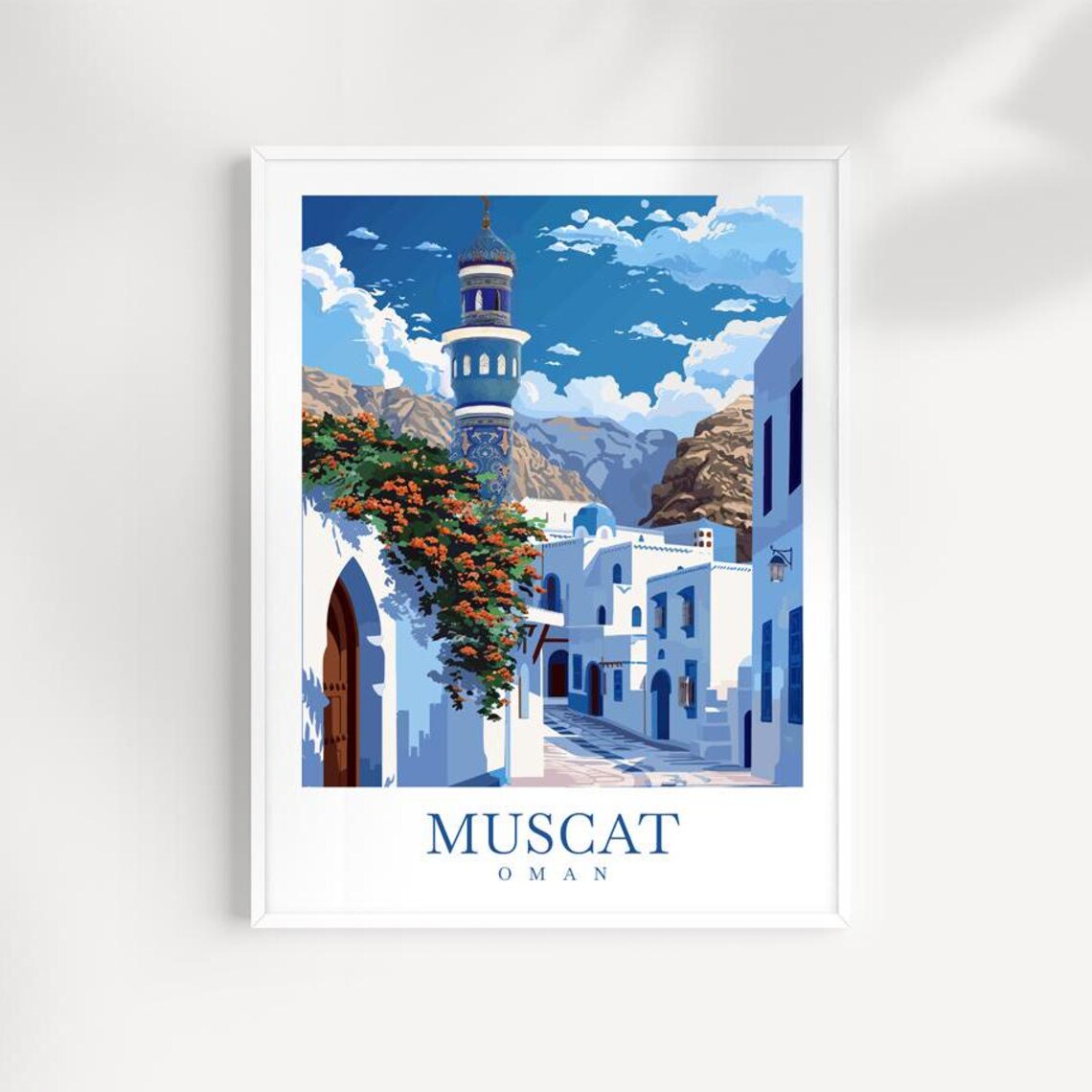 Muscat Oman Old Town Minaret White Streets Bougainvillea Poster