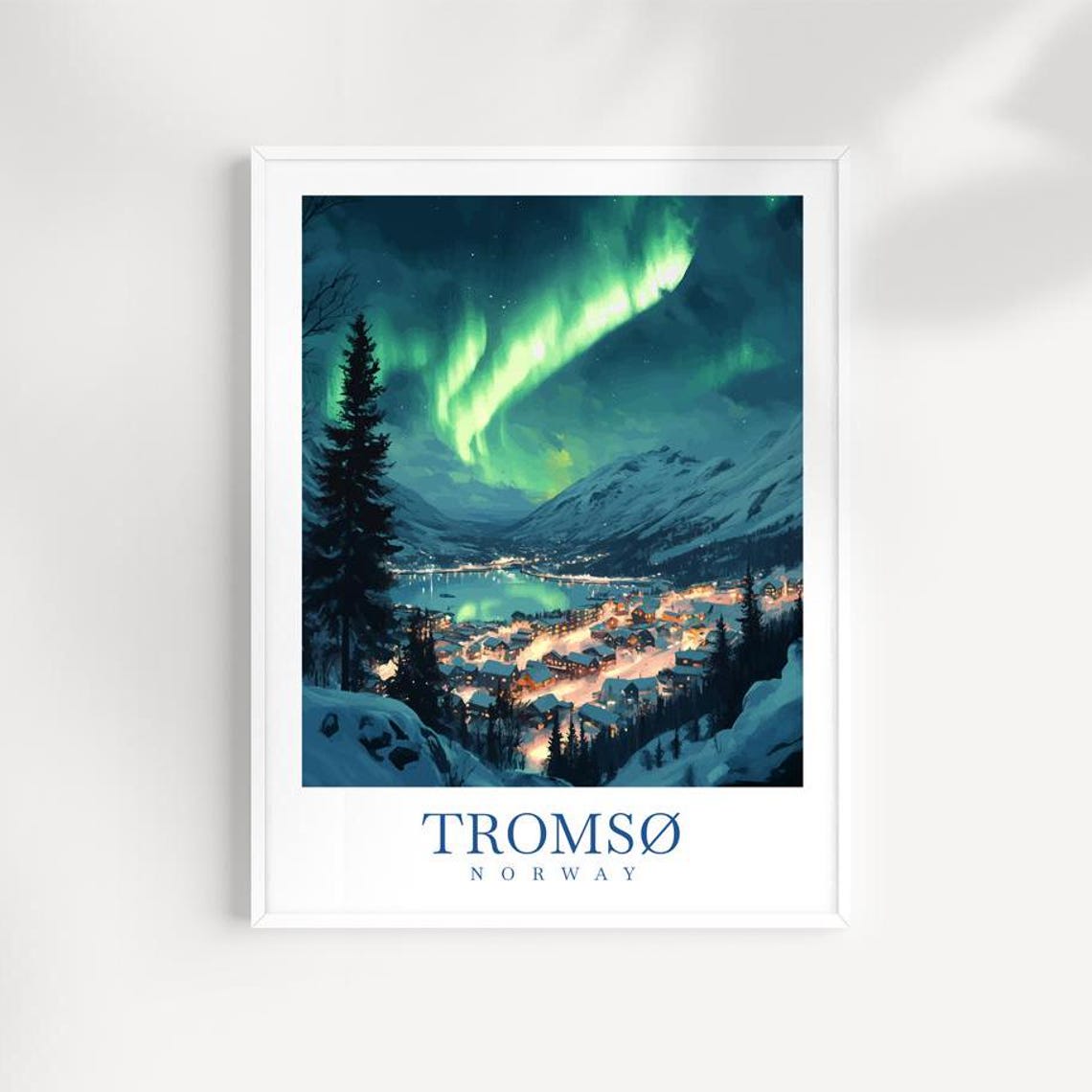 Tromso Norway Aurora Borealis Snowy City Night Sky Travel Poster