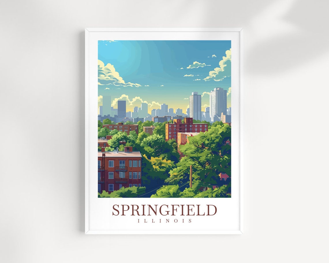 Springfield Illinois Skyline Green Trees Cityscape Travel Poster