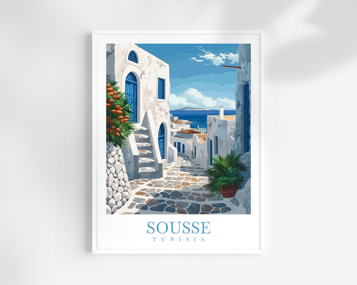 Sousse Tunisia White Blue Old Town Alley Sea View Travel Poster