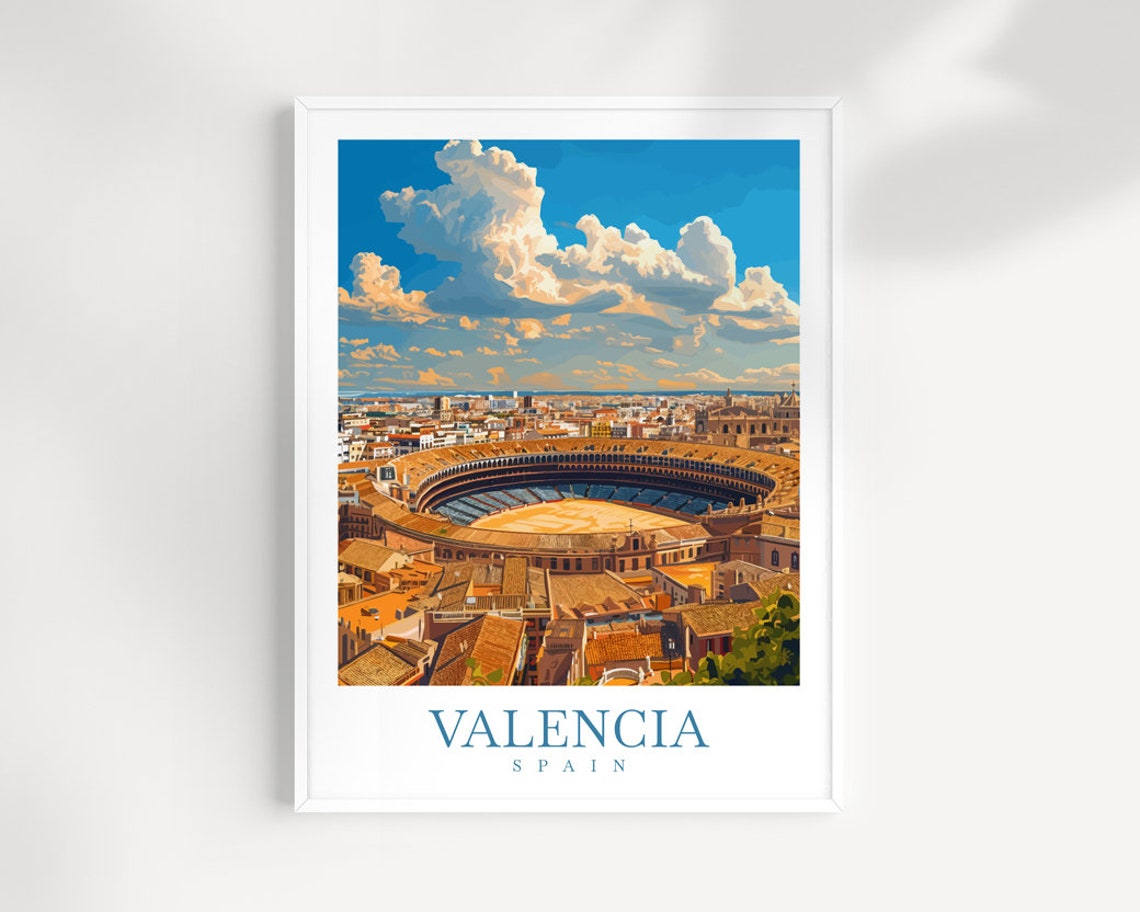 Valencia Spain Bullring Plaza City Panorama Sunset Travel Poster