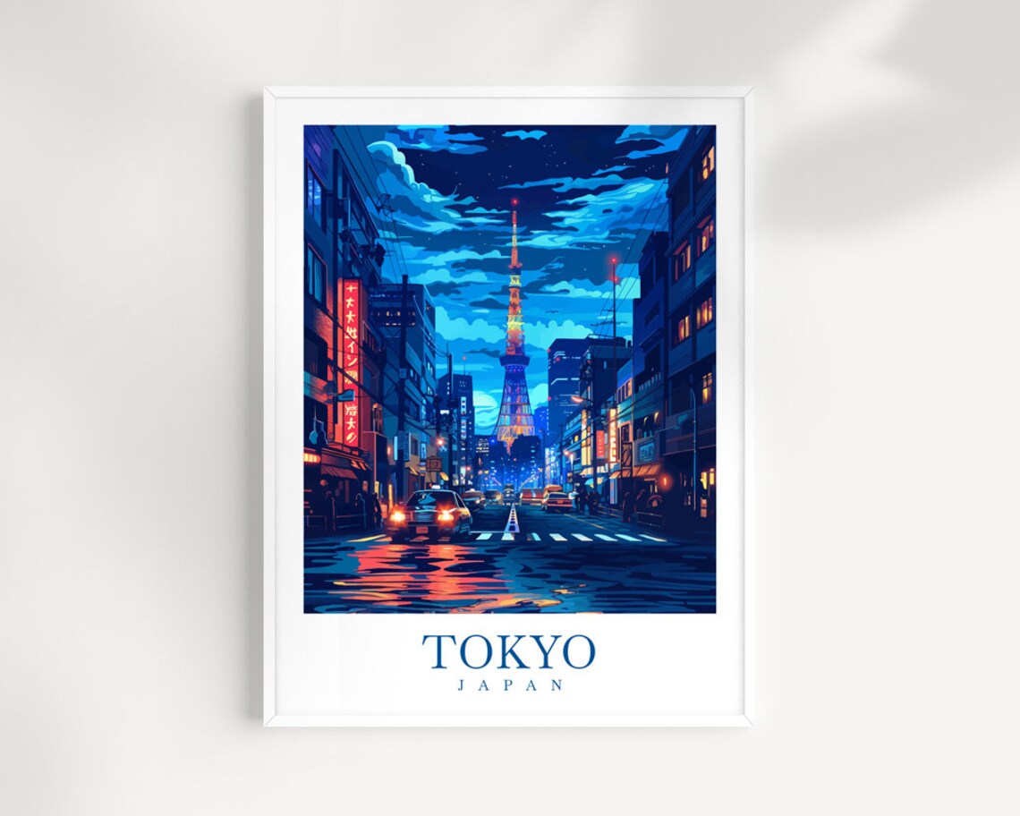 Tokyo Japan Neon Street With Tokyo Tower in Rainy Night Poster