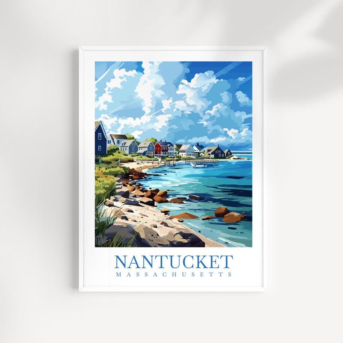 Nantucket Massachusetts Beach Cottages Rocky Shore Travel Poster