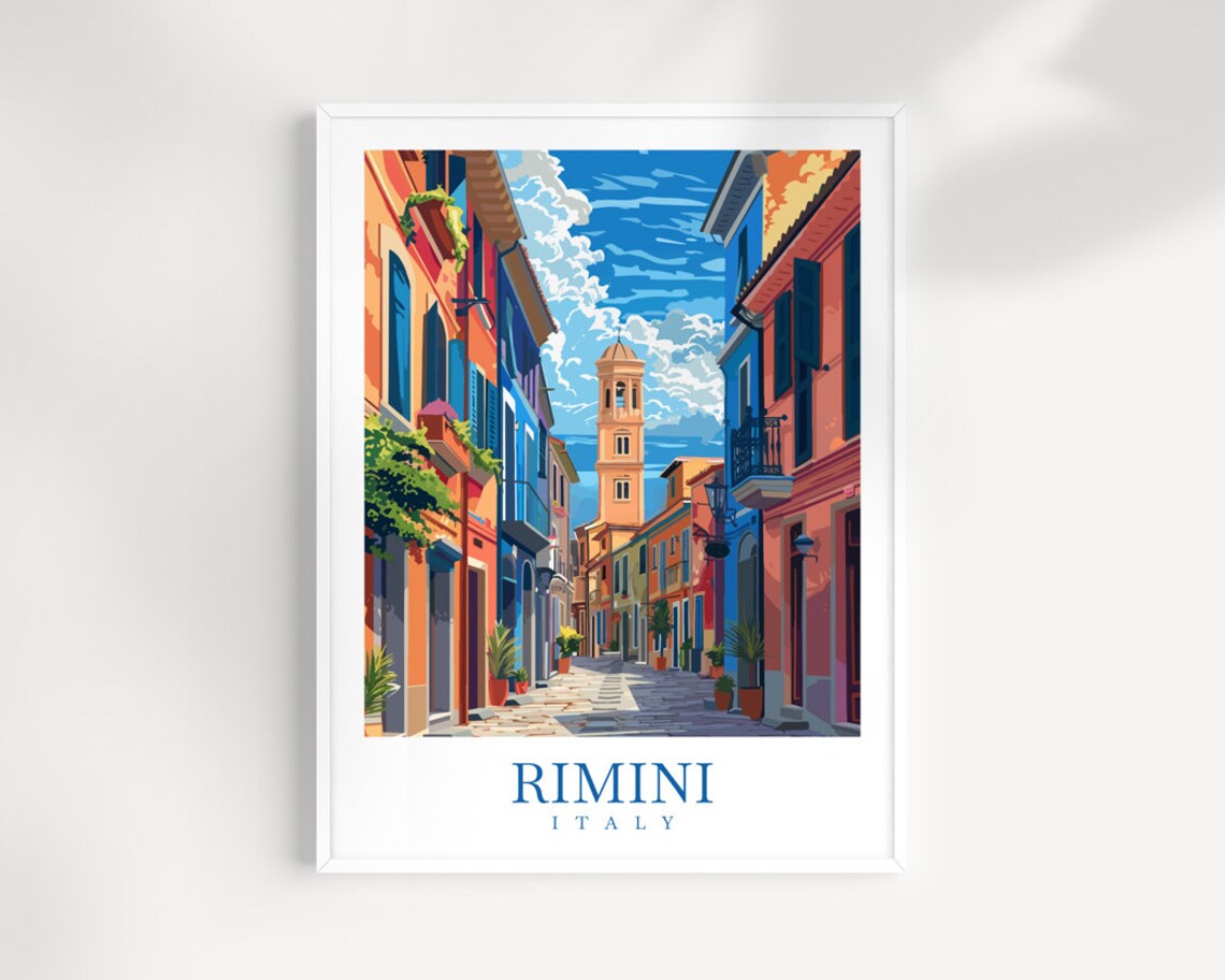 Rimini Italy Colorful Old Town Street Bell Tower Travel Art Poster