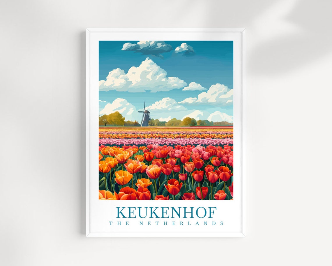Keukenhof Netherlands Tulip Fields Windmill Bloom Travel Poster