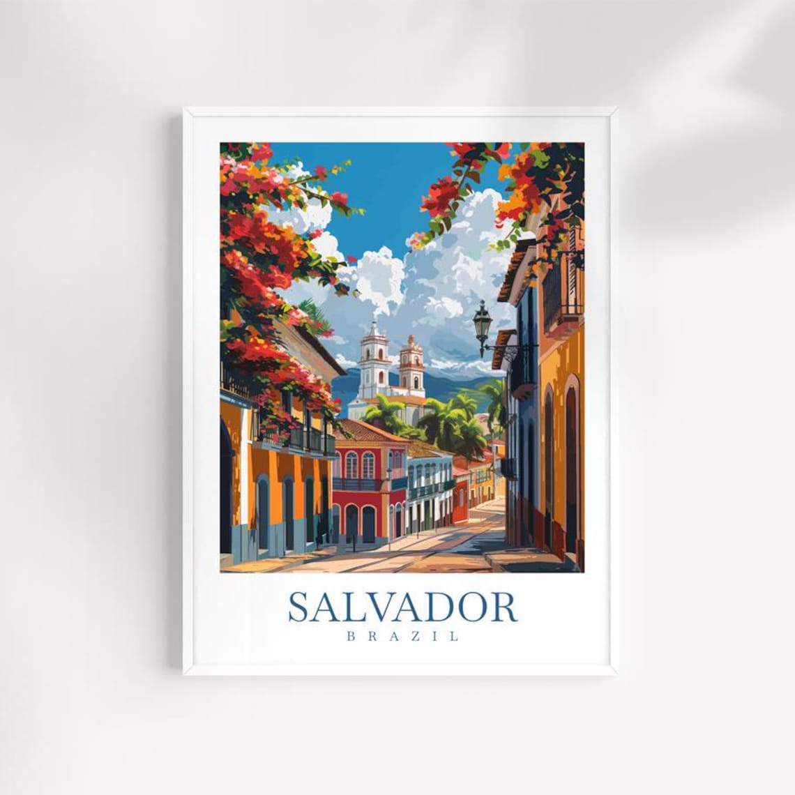 Salvador Brazil Colonial Street Church Bougainvillea Travel Poster