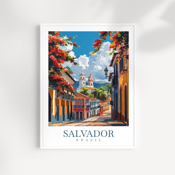 Salvador Brazil Colonial Street Church Bougainvillea Travel Poster