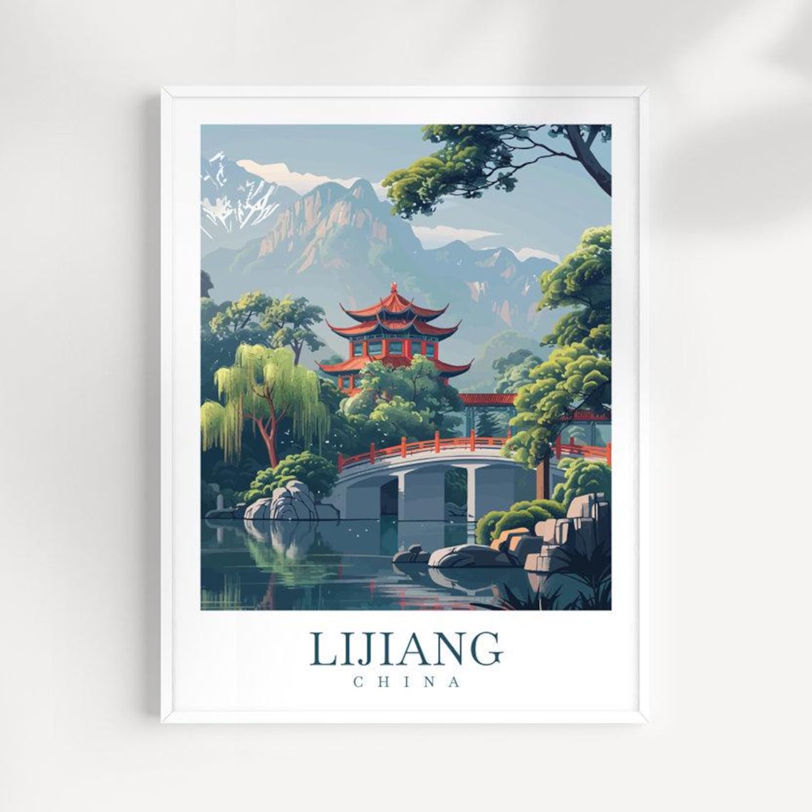 Lijiang China Pagoda Bridge Lake Reflection Mountain Travel Poster