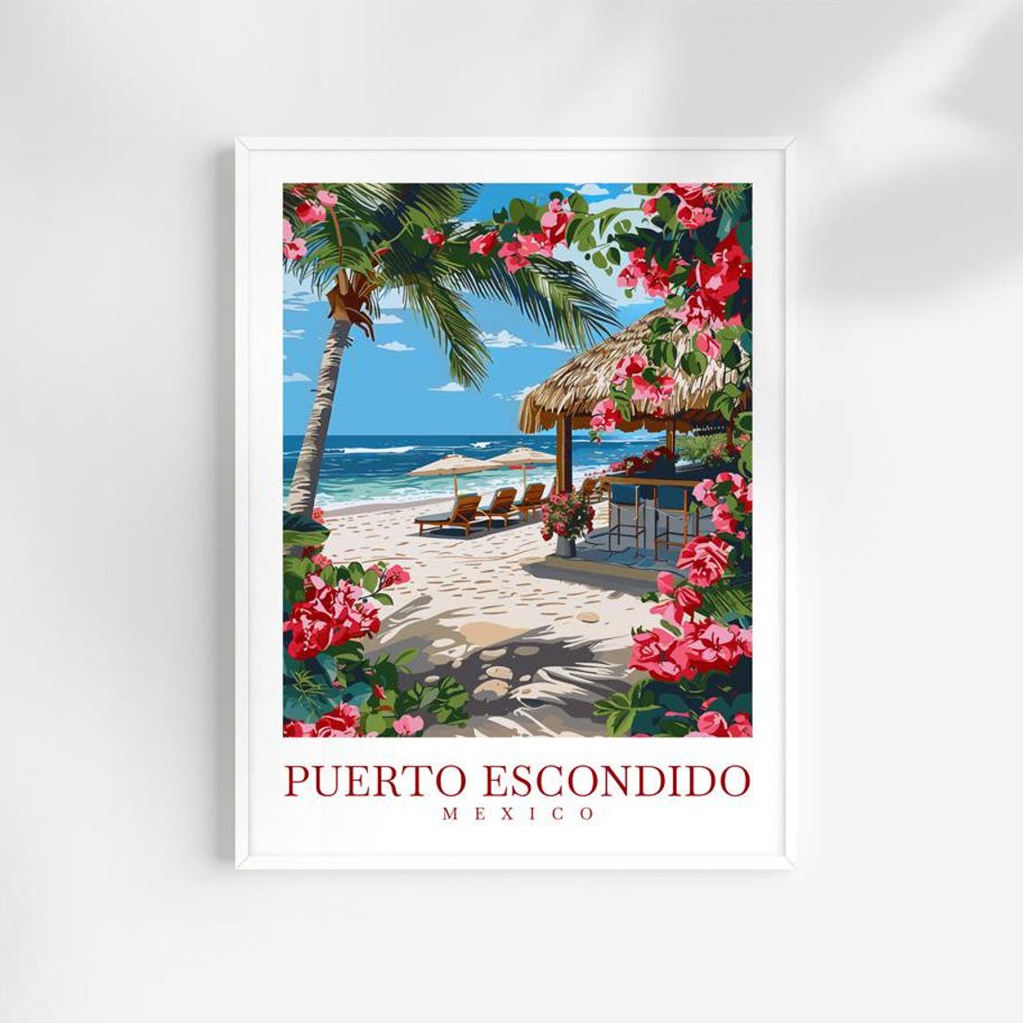 Puerto Escondido Mexico Beach Bar Palms Bougainvillea Travel Poster