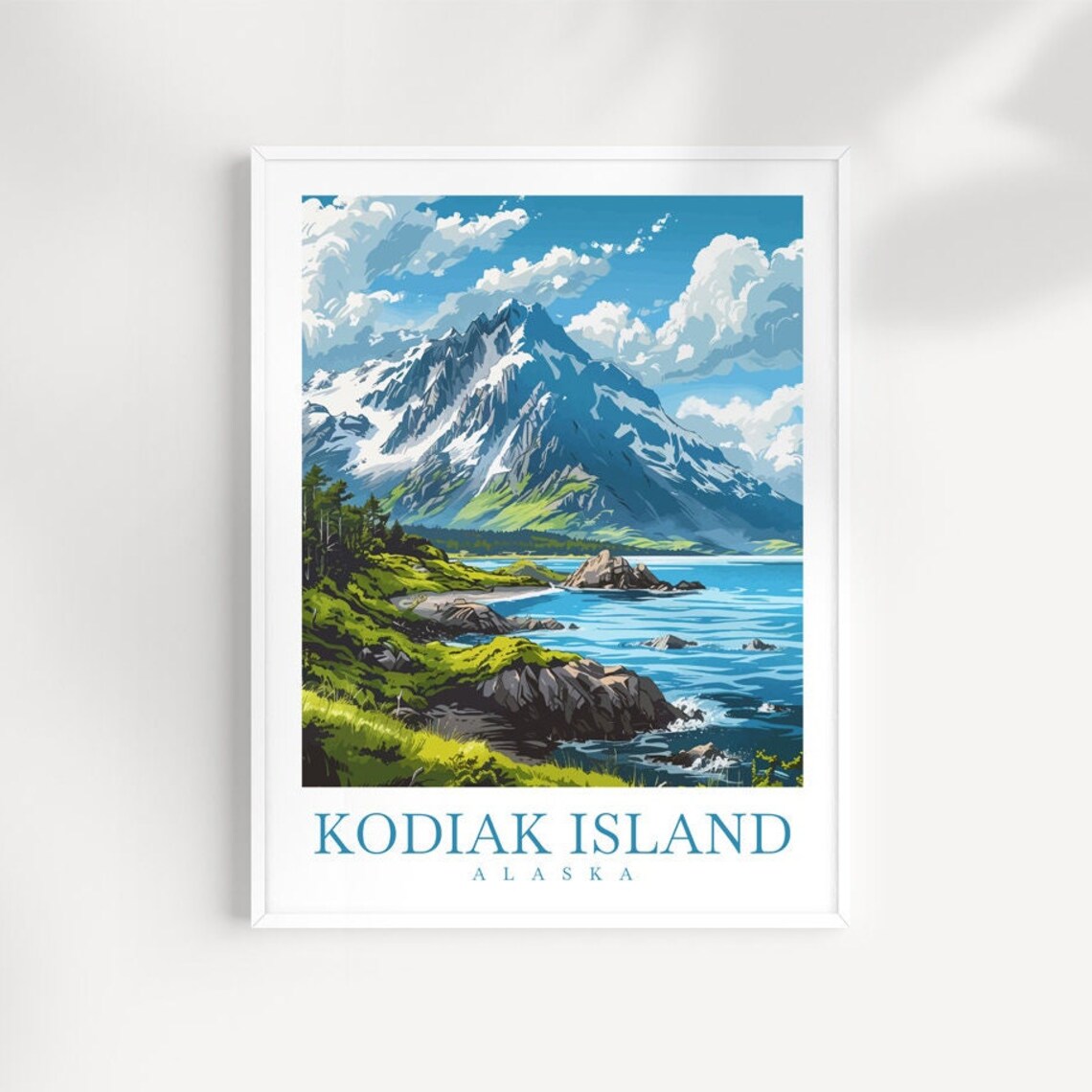 Kodiak Island Alaska Snowy Mountain Rocky Coast Travel Poster