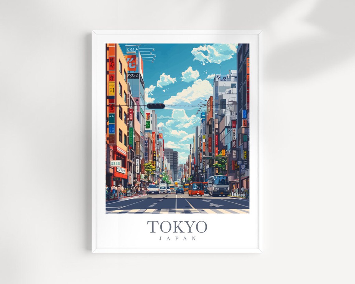 Tokyo Bustling Neon Street Scene In Daylight Japan Travel Poster