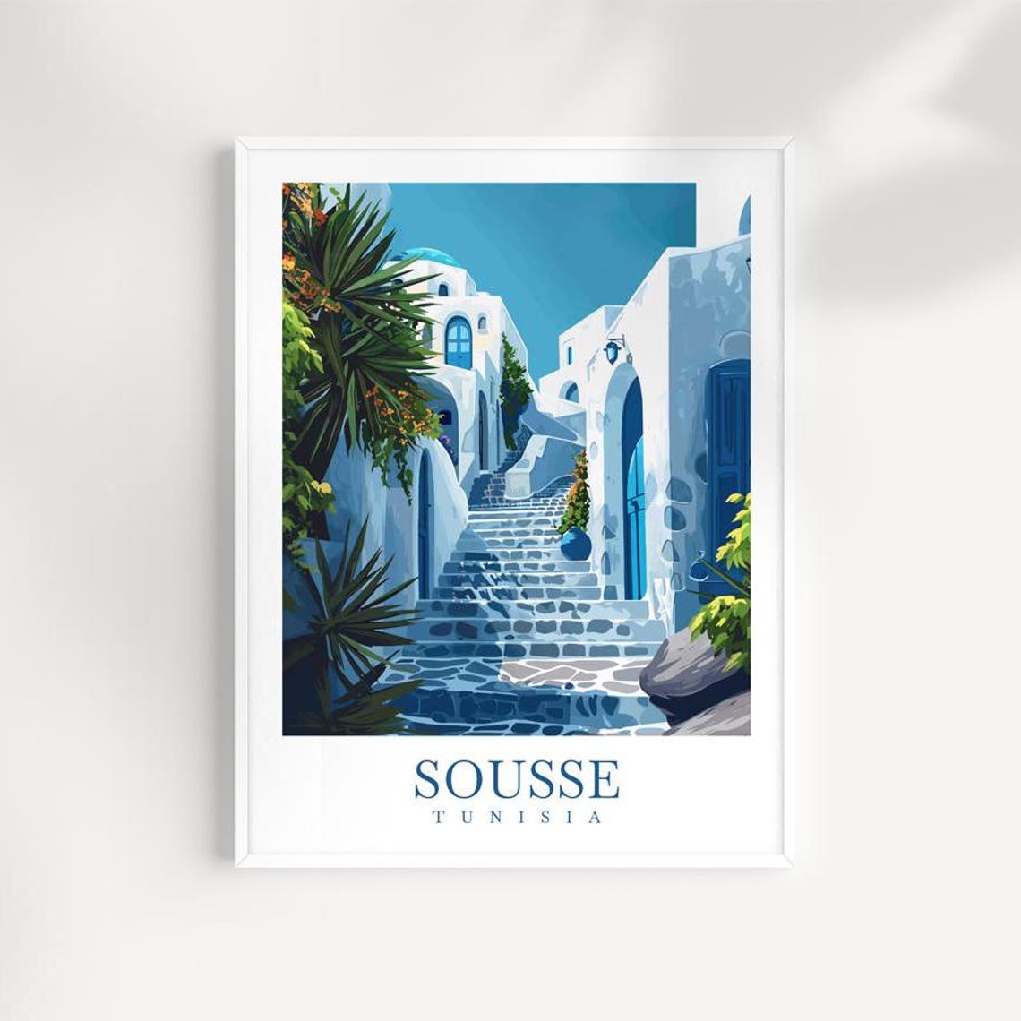 Sousse Tunisia Blue White Mediterranean Alley Stairs Coastal Poster