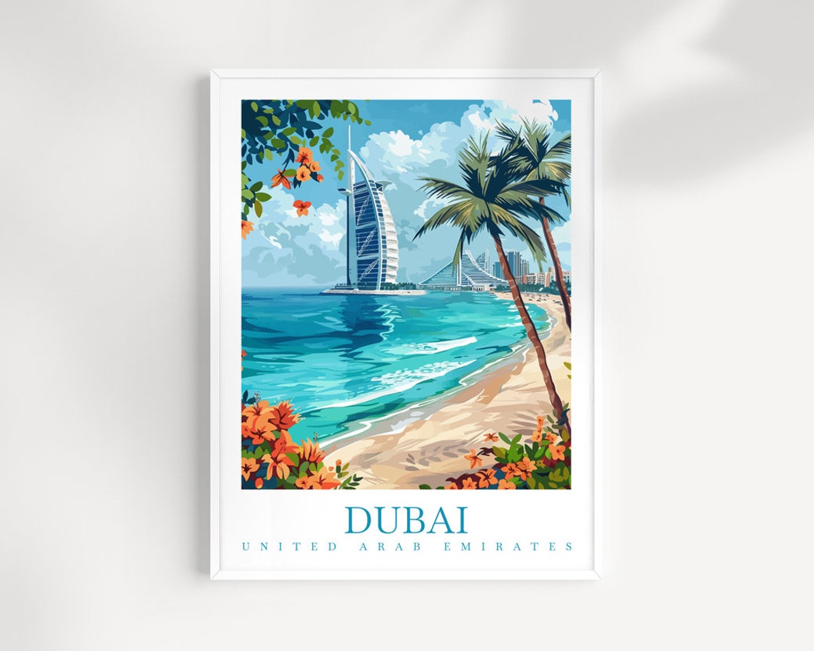 Dubai UAE Burj Al Arab Beach Palms Travel Poster Coastal Art