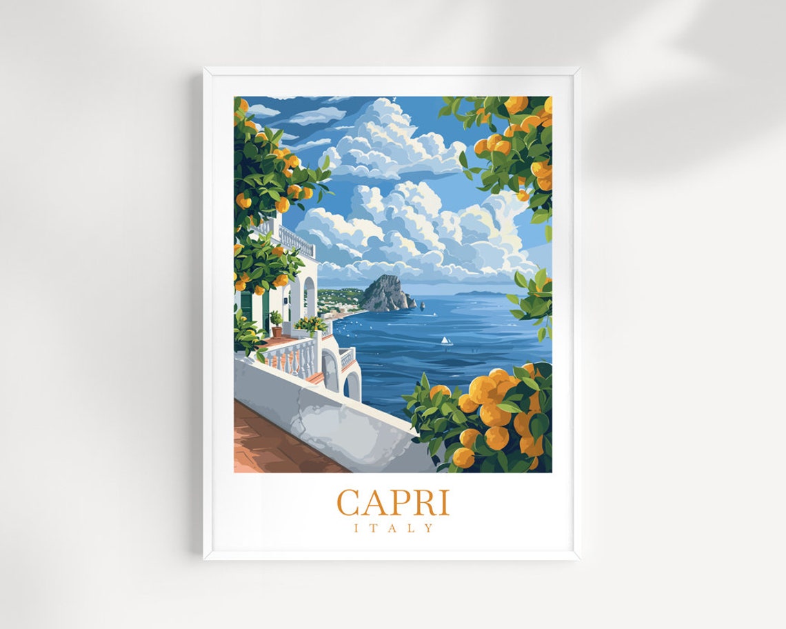 Capri Italy Terrace Poster Lemon Trees Sea View Coastal Island Art
