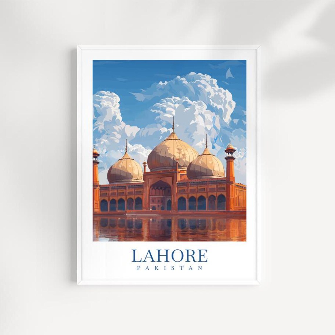 Lahore Pakistan Mughal Mosque Domes Lake Reflection Vintage Travel Poster