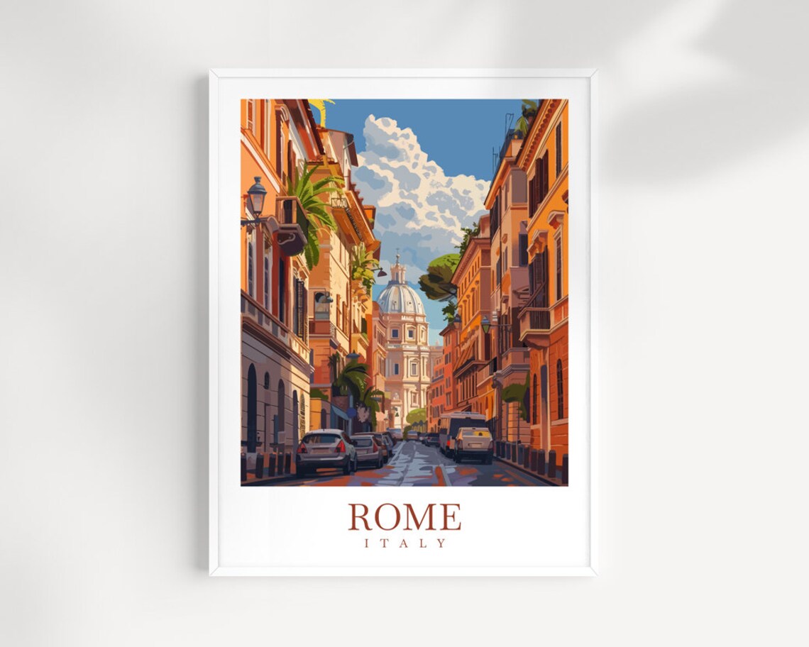 Rome Old Town Street With Dome Under Blue Sky Italy Travel Poster