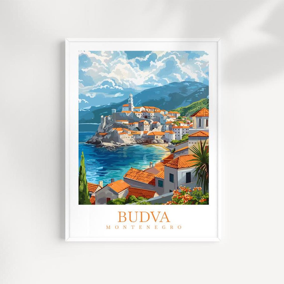 Budva Montenegro Rocky Cove Cliffside Old Town Orange Roofs Art Poster
