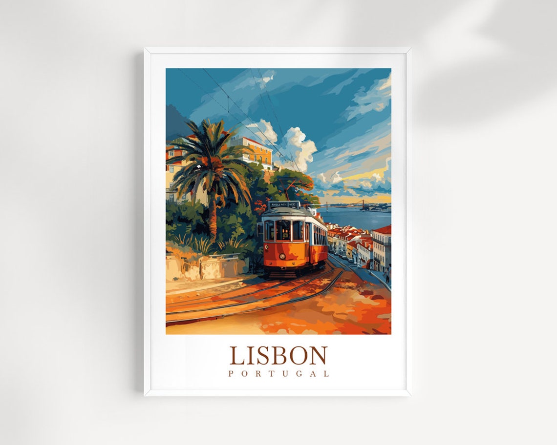 Lisbon Portugal Yellow Tram Climbing the Hill at Sunset Poster