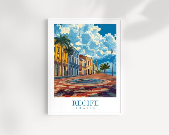 Recife Brazil Old Town Plaza Mosaic Fountain Street Scene Art Poster