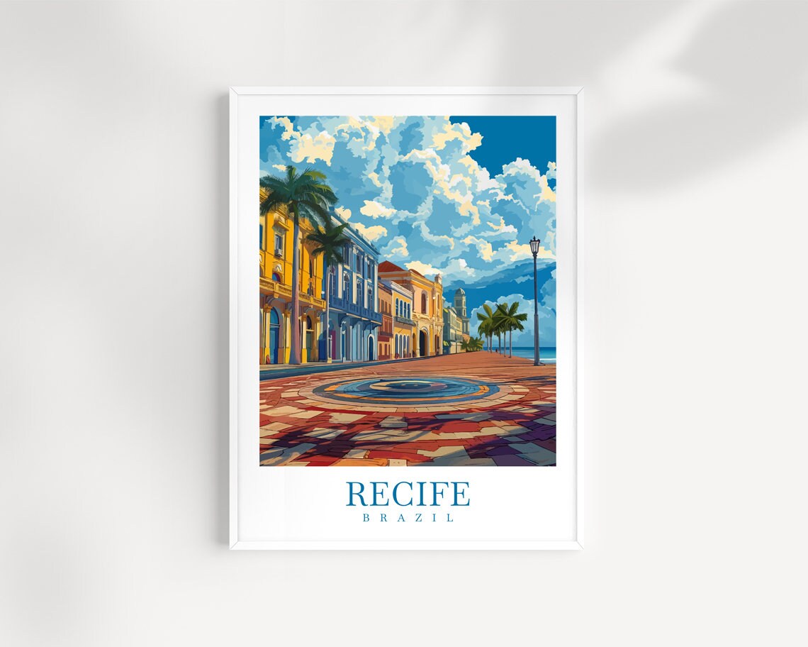 Recife Brazil Old Town Plaza Mosaic Fountain Street Scene Art Poster